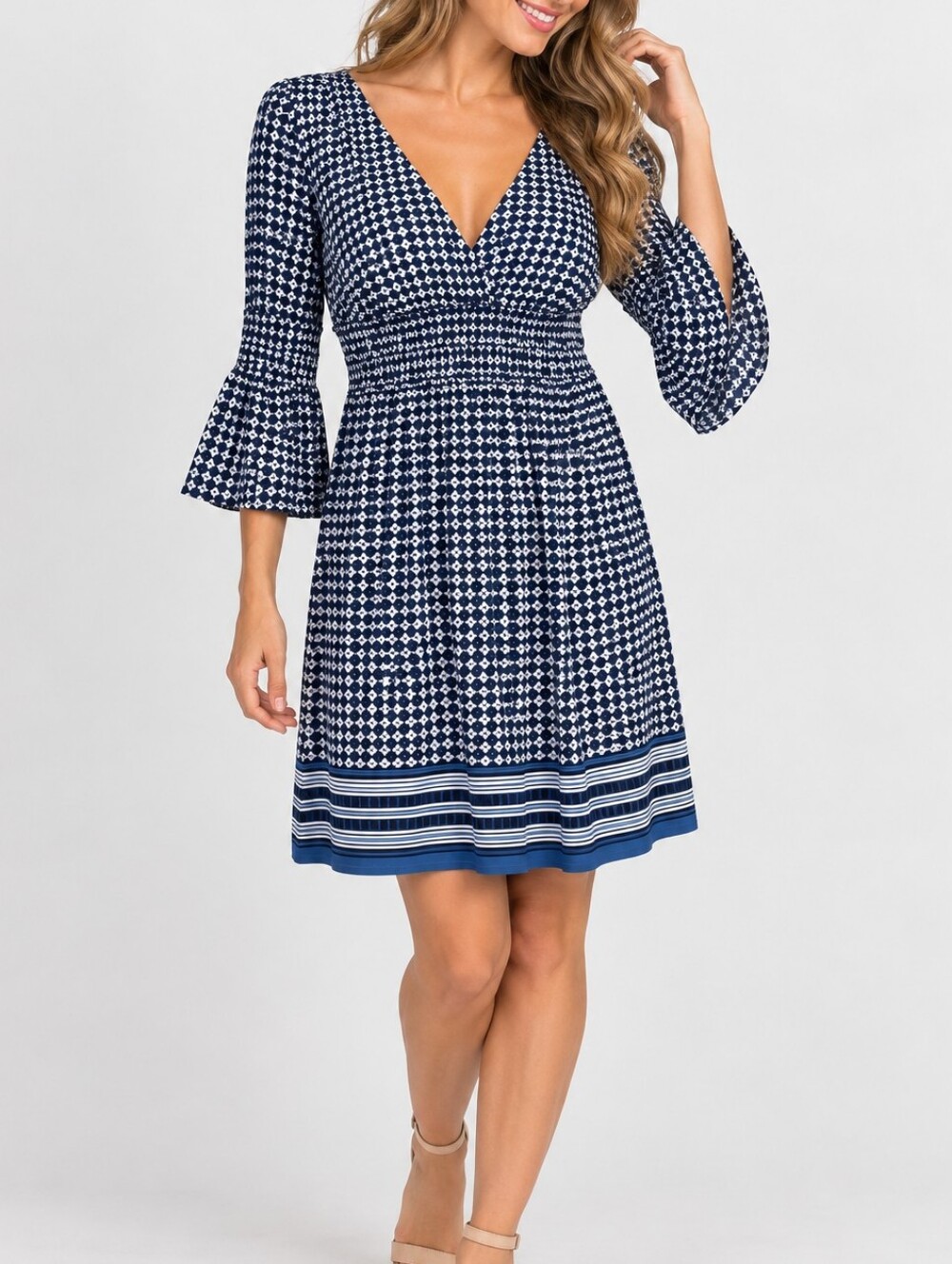 MAX EDITION | Women’s Blue Tile Print Bell Sleeve Dress Size MP